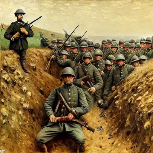 Image similar to inside a trench with a machine gun, ww 1 german soldiers stand at the ready, oil on canvas, 1 9 0 5
