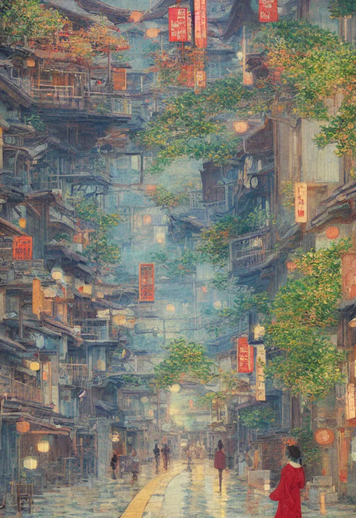 Image similar to a beautiful japanese city near the sea, amazing ryokans and gorgeous edo era houses, cyberpunk, lofi vibe, colorful, vivide colors, oil painting in impressionist style, by jeremy lipkin, by claude monet, by makoto shinkai, multiple brush strokes, inspired by ghibli, masterpiece, beautiful