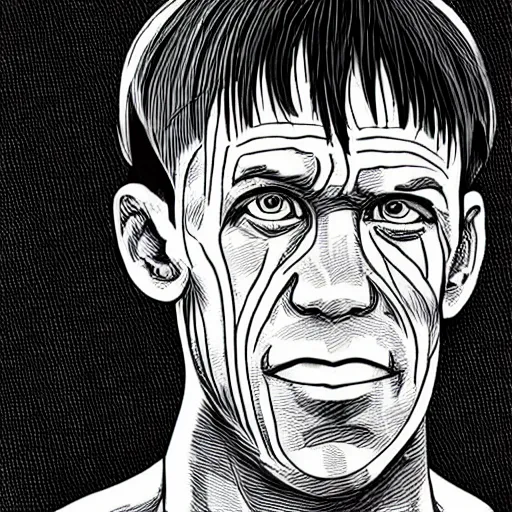 Image similar to black and white illustration of john cena in the style of junji ito