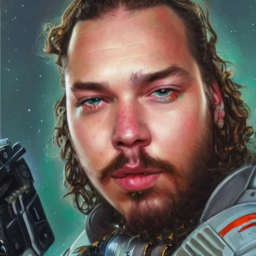 Image similar to Post Malone as a space soldier, close-up portrait art by Donato Giancola and James Gurney, digital art, trending on artstation