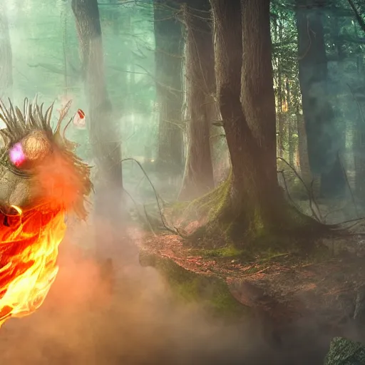 Prompt: realistic smoke creature with fire eyes in fantasy forest, sharp focus, 4 k, high detail