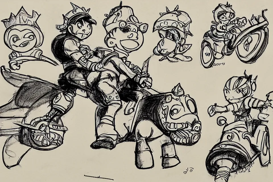 Prompt: concept sketches of a young boy riding a wearing a gold crown riding a large pig by jamie hewlett, in the style of megaman