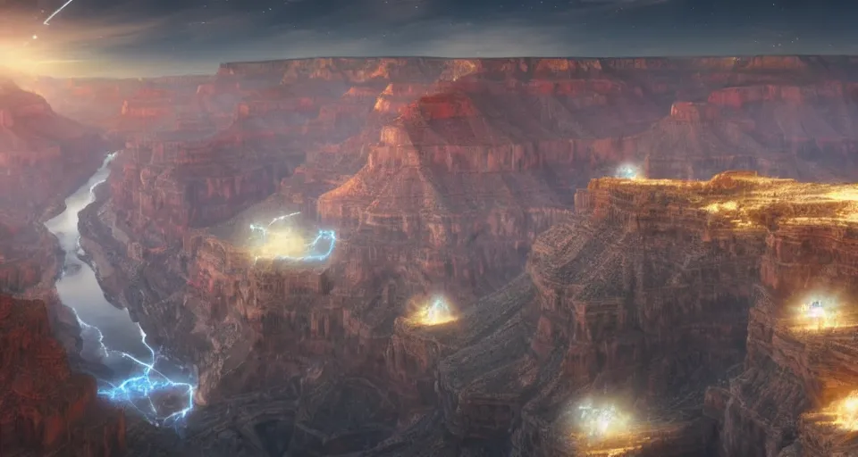 Image similar to night, a lot of people and a white luminous attractor is floating in grand canyon, concept art, art for the game, professional lighting, art