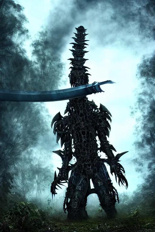 Image similar to post - gothic giant creepy chimera, exoskeleton armor, holding shiny katana, dystopian ruins covered in vegetation, highly detailed smooth digital art masterpiece, vitaly bulgarov giger dramatic dark blue light, ground angle hd 8 k, sharp focus