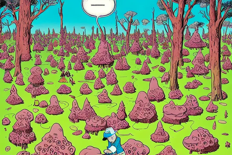 Image similar to surreal glimpse into other universe, inside a marshmallow forest in an ice cream valley, summer morning, very coherent and colorful high contrast, art by geof darrow, dark shadows, hard lighting