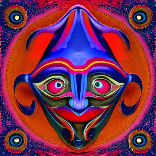 Image similar to a psychedelic jester mask with three rows of eyes album cover 4k