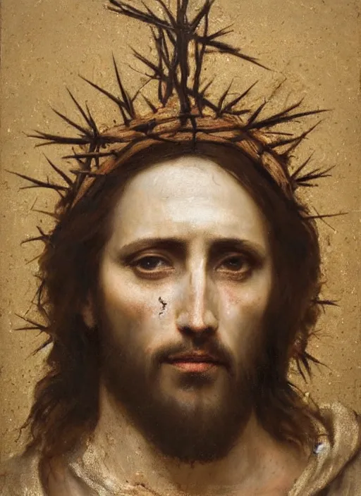 Image similar to portrait of jesus christ wearing a crown of thorns, by nicola samori, painting, 8 k, high detail