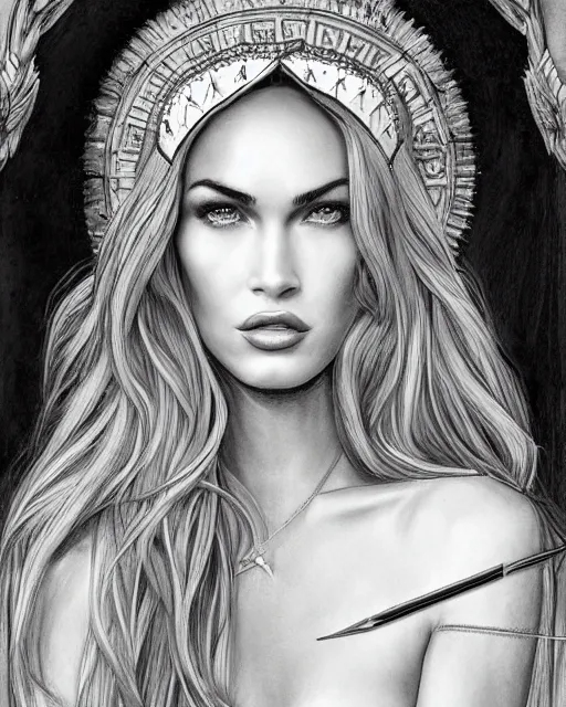 Image similar to portrait of beautiful megan fox as greek goddess aphrodite, archer, arrow on the head, beautiful piercing eyes, flowing blonde hair, realistic face, black and white drawing, in the style of greg rutkowski, fantasy, amazing detail, epic, intricate, elegant, smooth, sharp focus