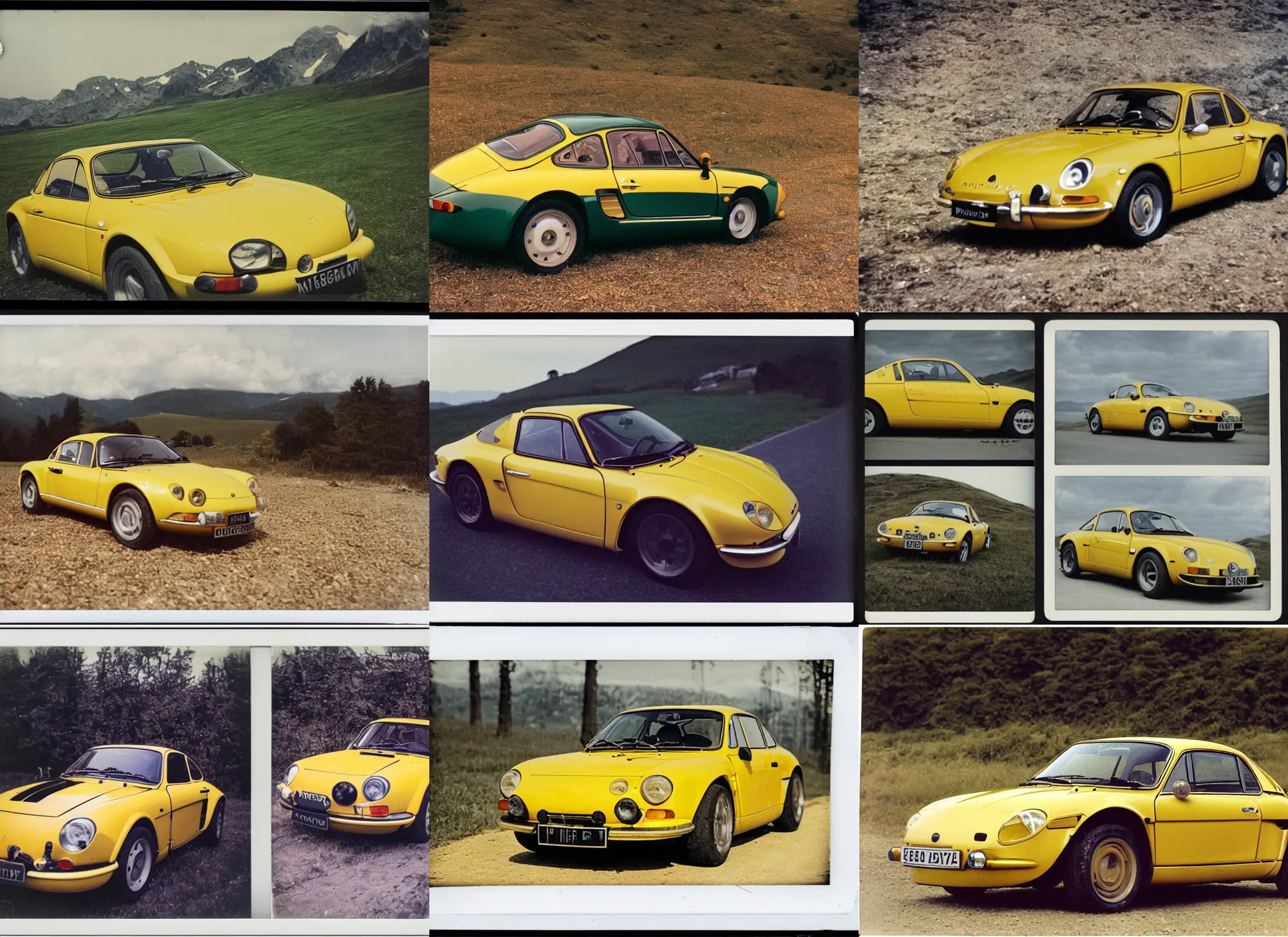 Prompt: old polaroid shots of a yellow alpine A110