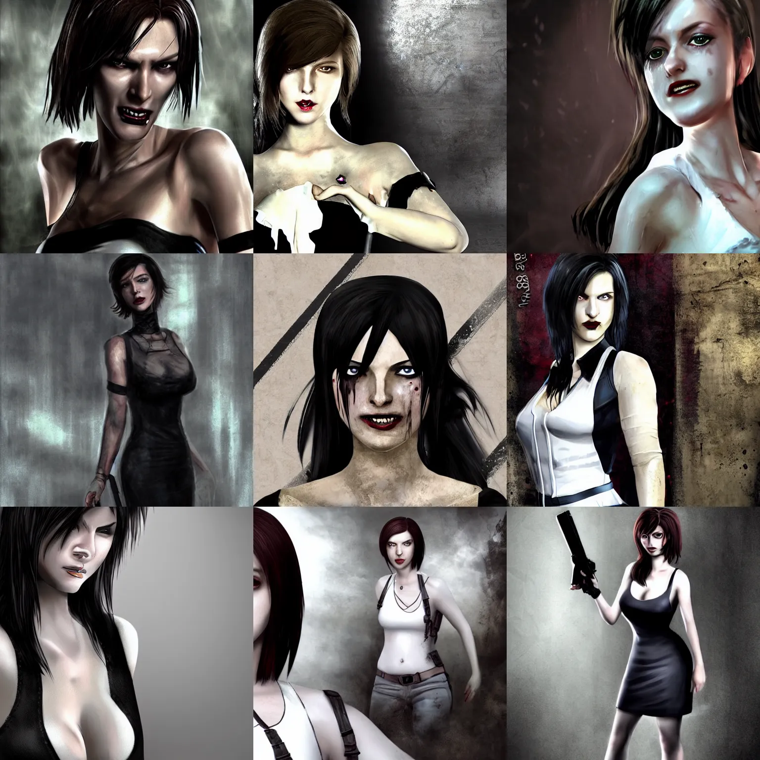 Prompt: lady!!! dimitrescu!!!!!!!!! from resident evil video game, tall!!!!!, pale, black hair, white dress, evil, vampire, smile, horror, dark, 4 k, realistic photograph