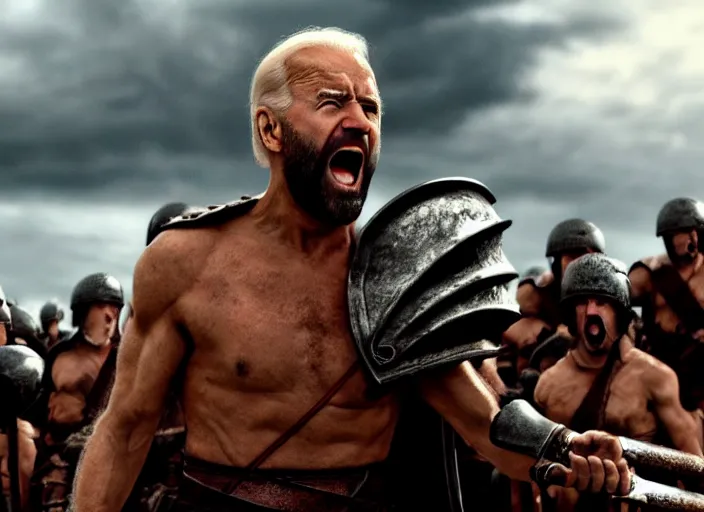 Image similar to cinematic film still of joe biden as leonidas shouting in 3 0 0 movie, 8 k, epic moody sky, dramatic lighting