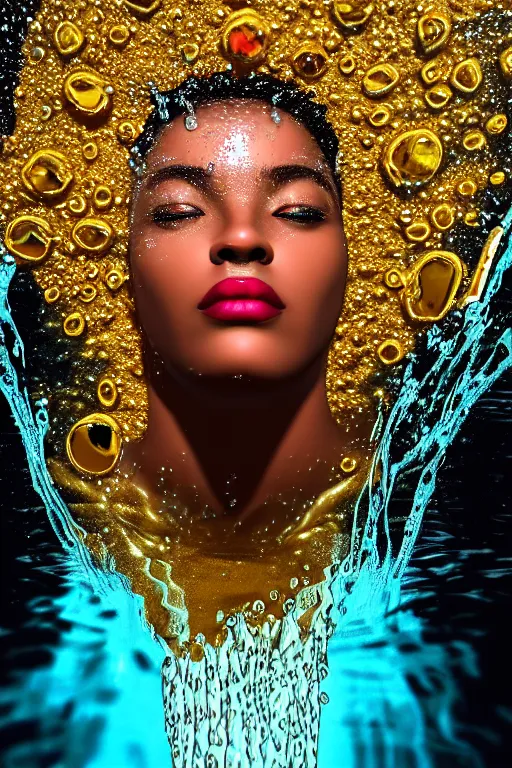 Image similar to hyperrealistic photorealist cinematic super expressive! oshun goddess immersed in water!, mirror dripping droplet, gold ornate jewely, highly detailed face, digital art masterpiece, smooth eric zener cam de leon, dramatic pearlescent turquoise light on one side, low angle uhd 8 k, shallow depth of field