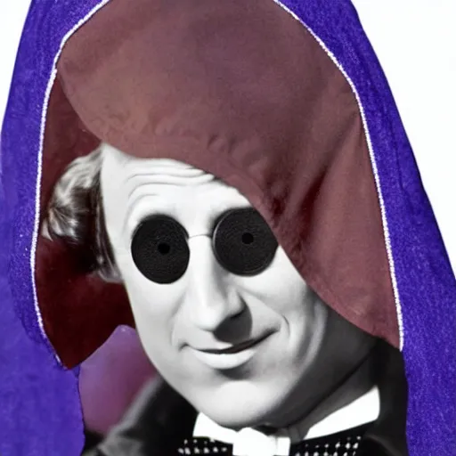 Image similar to willy wonka wearing a dark hooded cloak