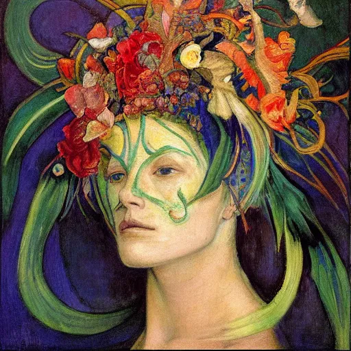 Image similar to masterpiece painting of a facemask made of stylized flowers, by annie swynnerton and jean delville and john watkiss and rufino tamayo and tino rodriguez, flower mask, art deco shaman, symbolist, dramatic lighting, god rays, elaborate geometric ornament, modern realism, clean crisp graphics, soft cool colors, smooth, sharp focus, extremely detailed