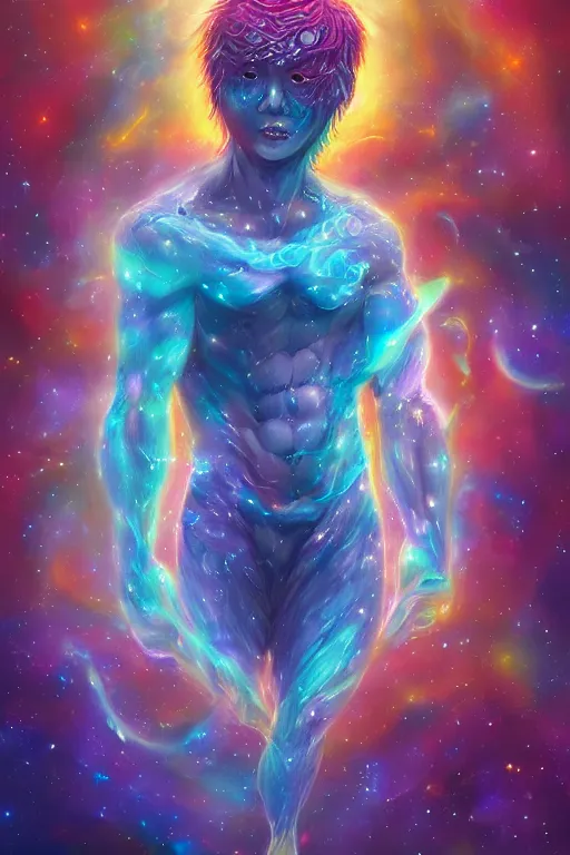 Prompt: god of the universe, korean mythology, galaxies and nebula flowing out of his body, artgerm, psychedelic floral planets, studio ghibli painterly style, trending on artstation