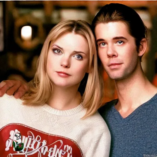 Image similar to 00s photo of a tall guy with dark blond bun (hairstyle) dating a blond girl in an old restaurant, Gilmore girls aesthetic