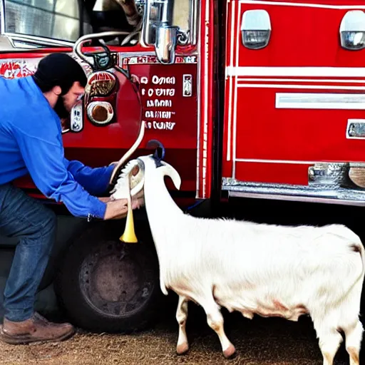 Image similar to a jew milking a goat in a fire truck