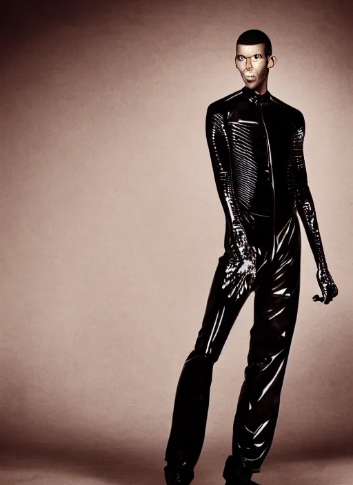Image similar to a portrait of stromae by gilles berquet, serge lutens, wearing atsuko kudo latex outfit, photorealistic, intricate details, hyper realistic, ', photorealistic, canon r 3, photography, symmetrical features, symmetrical pose, wide angle shot, head to toe, standing pose, feet on the ground,