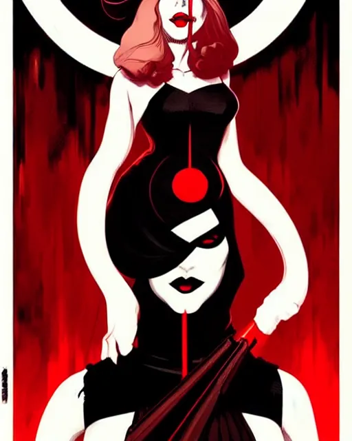 Image similar to rafael albuquerque comic art, peter mohrbacher, phil noto, artgerm, pretty evil elizabeth olson witch, black and red dress, symmetrical eyes