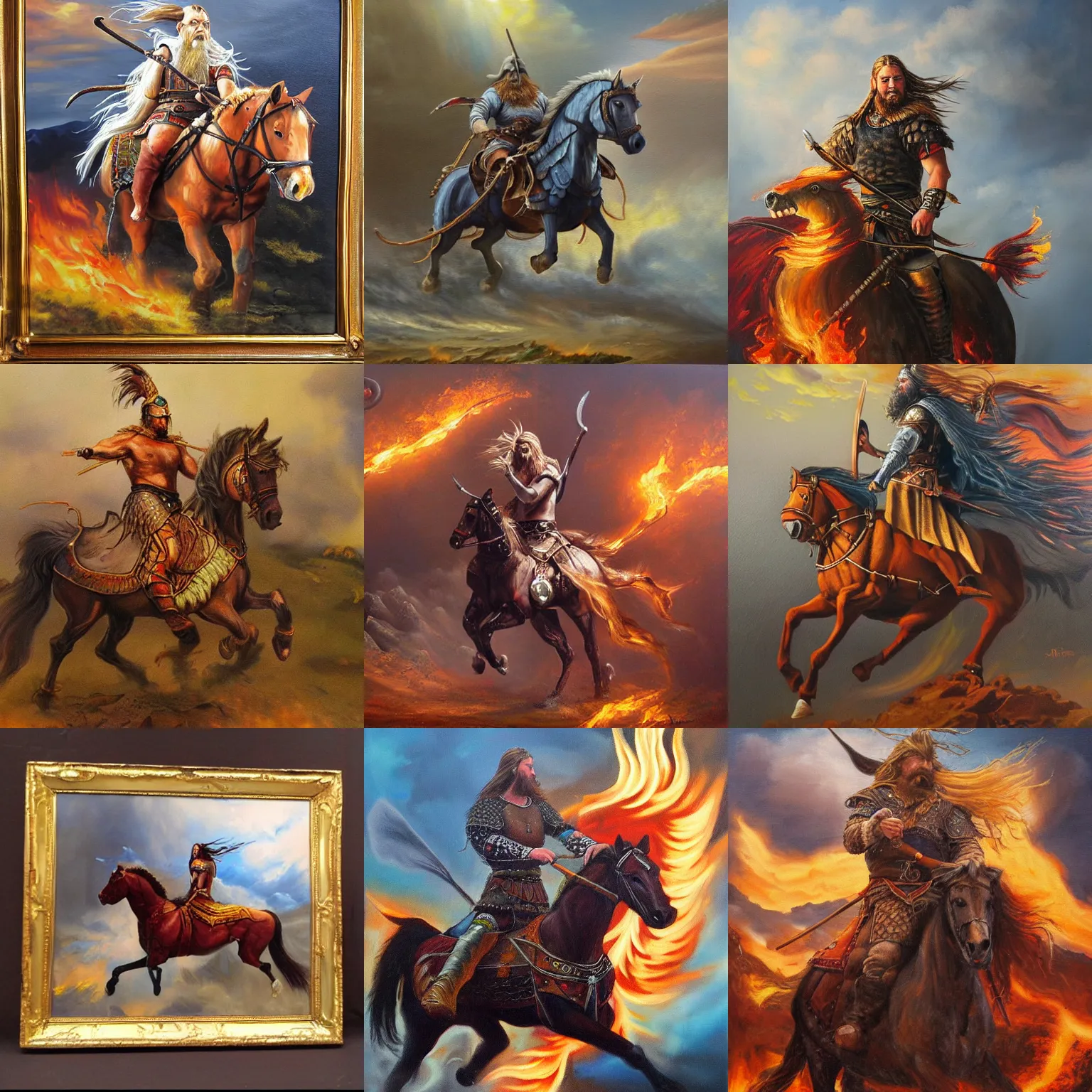 Prompt: highly detailed, oil painting, smooth, fantasy, viking riding a horse made out of fire