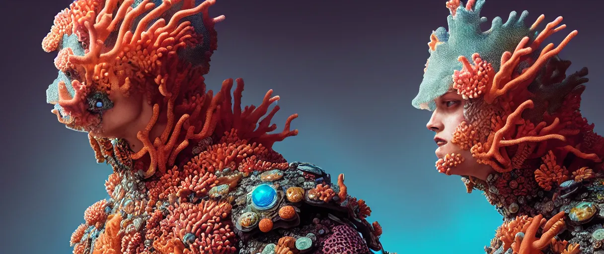 Image similar to hyperrealist highly detailed english medieval portrait of high fashion monster wearing reef armor, radiating atomic neon corals, concept art pascal blanche dramatic studio lighting 8k wide angle shallow depth of field