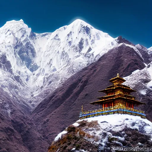 Image similar to snowy peaks, himalayas, buddhist temple, stunning, extraordinary, blizzard, mystical, made in abyss style