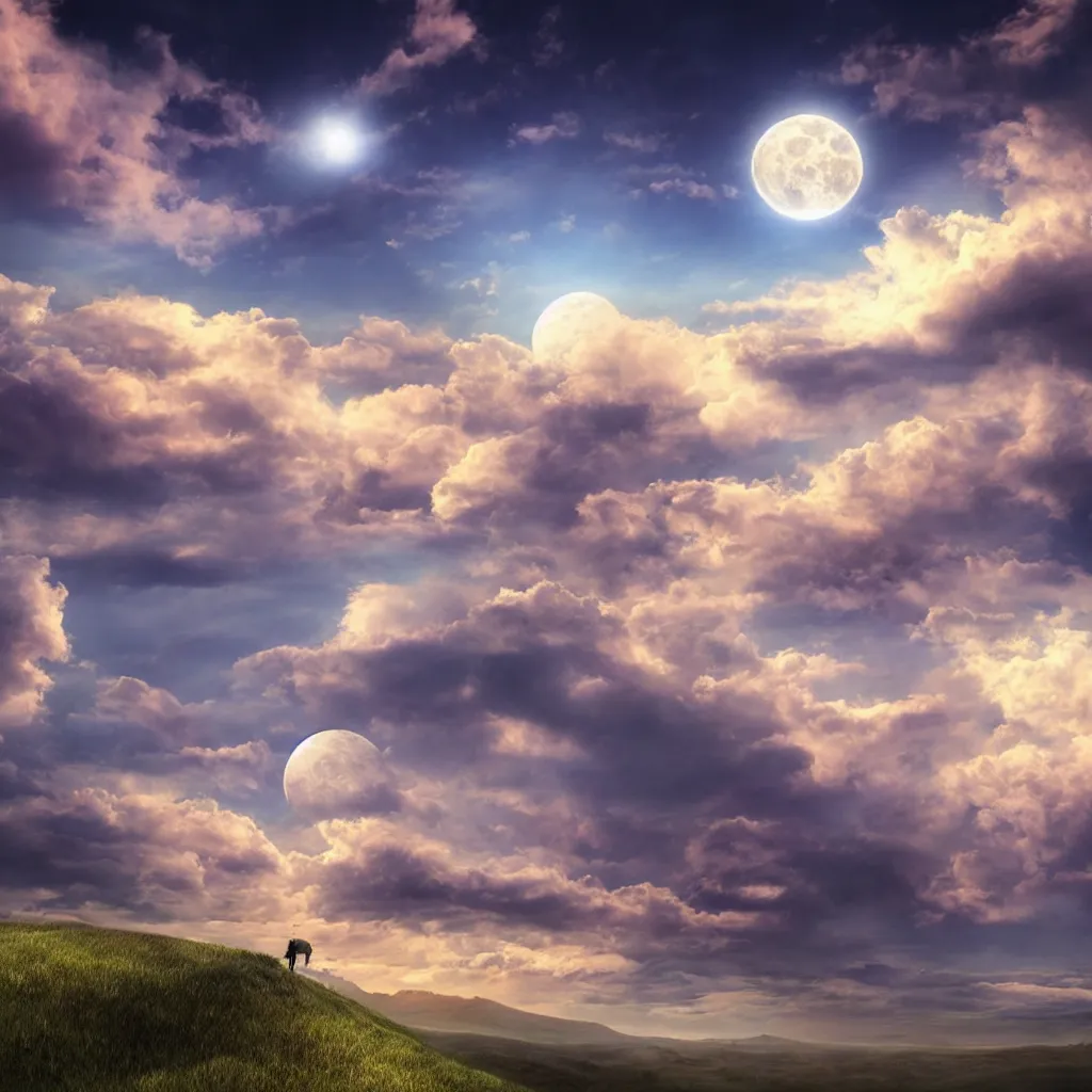 Image similar to fantasy realistic horizon, sky, surreal, clouds, moon