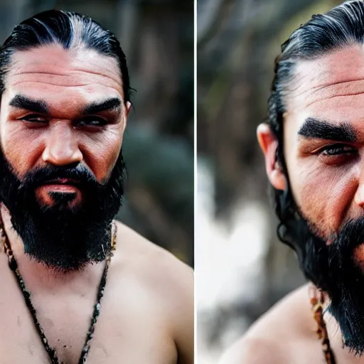 Image similar to portrait of khal drogo from games of thrones, mascular, symmetrical, nikon 3 5 mm photography, ultrarealistic