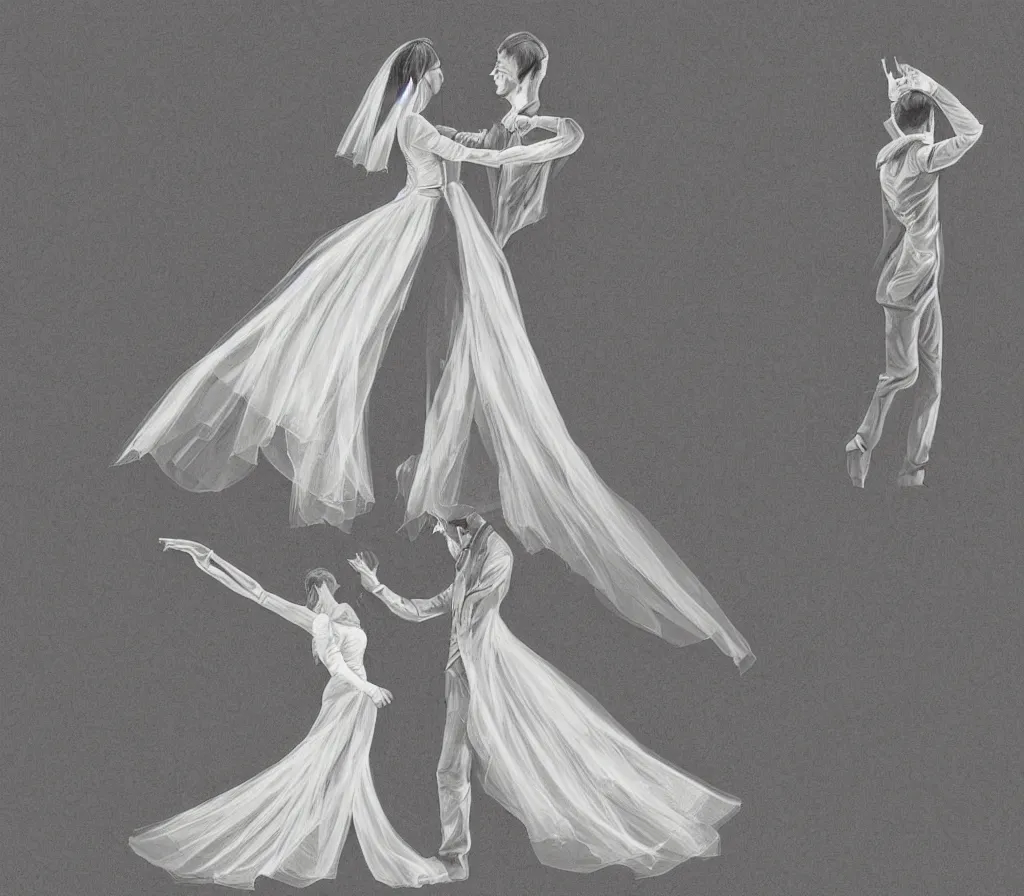 Prompt: detailed, anatomical, digital art drawing of a couple dancing on a crescent moon during their wedding ceremony, soft lighting, neutral colours, lots of details