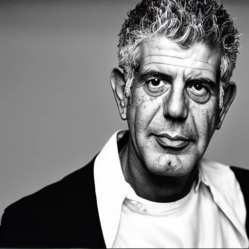 Image similar to promotional vogue studio portrait photo of Anthony Bourdain by Annie Leibovitz, 50mm, pentax, film