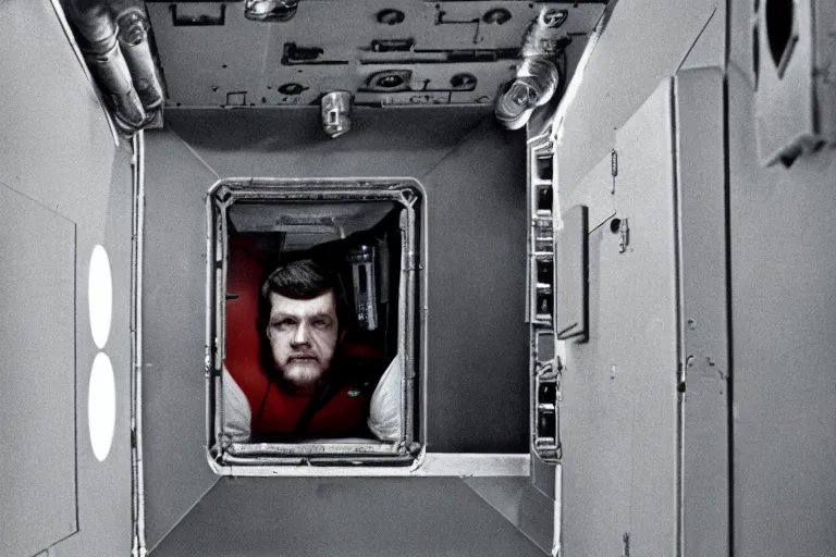 Image similar to small personnel quarters inside rocket ship with gray metallic factory engine walls and small window looking into space, details, sharp focus, intricate, high definition, movie set, retro, 1970s, 1980s, sci-fi, digital Art, 3D, realistic photograph, lucasfilm, stanely kubrick