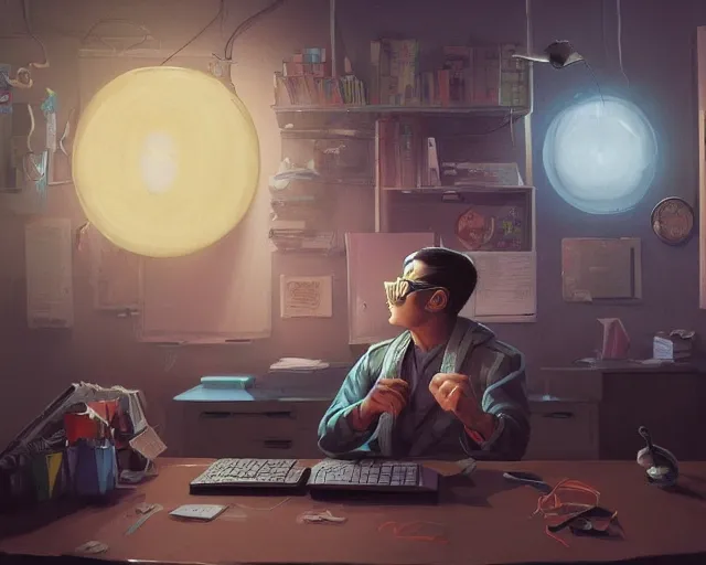 Image similar to an insanely detailed painting of a nerdy asian man wearing a superhero costume, sitting at a desk, staring at the nervously at the computer and typing, in the style of peter mohrbacher, dramatic lighting and composition, octane render, pixar, trending on artstation, concept art, comic book, view from behind