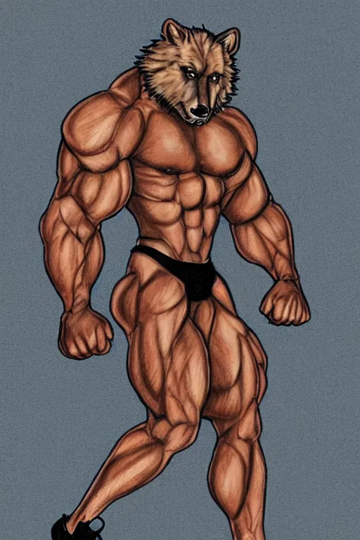 Image similar to master furry artist colored pencil drawing full body portrait character study of the anthro male anthropomorphic wolf fursona animal person wearing gym shorts bodybuilder at gym