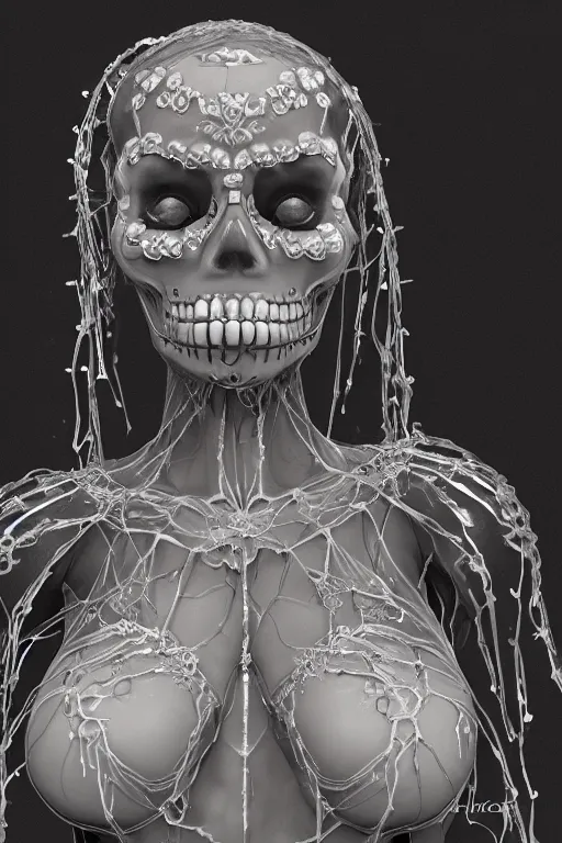 Image similar to la catrina statue made in crystal showing her veins inside the chest, realistic, unreal engine 5, 8 k