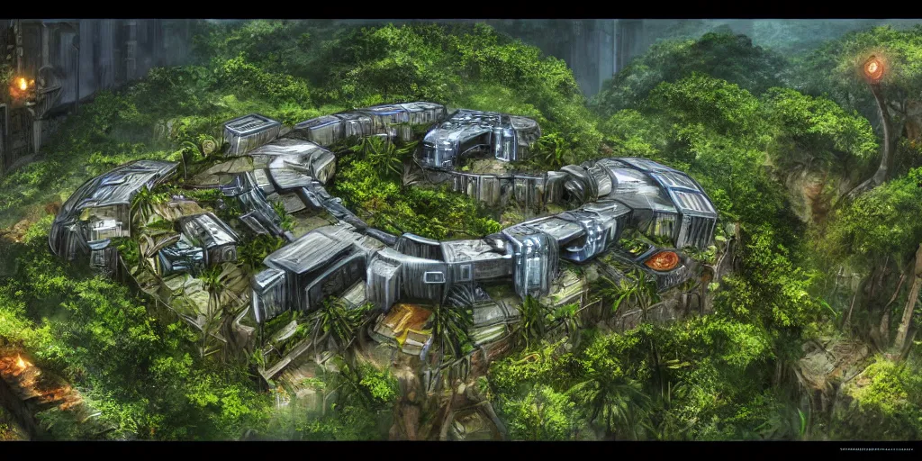 Prompt: small futuristic wealthy busy maximum security prison on a hill in jungle. Poor slums are at the foot of the hill, tropical climate, award winning!, video game concept art, scifi, rural, UE5