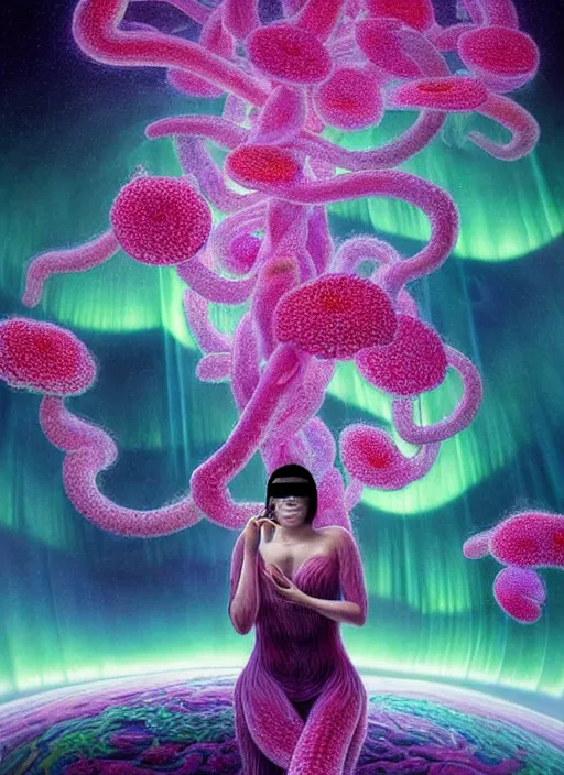 Prompt: hyper detailed 3d render like a Oil painting - Aurora (evocative cyberpunk and oil rainbow faced Singer) seen Eating of the Strangling network of yellowcake aerochrome and milky Fruit and Her delicate Hands hold of gossamer polyp blossoms bring iridescent fungal flowers whose spores black out the foolish stars by Jacek Yerka, Mariusz Lewandowski, Houdini algorithmic generative render, Abstract brush strokes, Masterpiece, Edward Hopper and James Gilleard, Zdzislaw Beksinski, Mark Ryden, Wolfgang Lettl, hints of Yayoi Kasuma, octane render, 8k