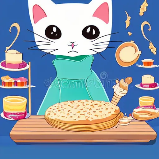 Image similar to vector art illustration, high definition, white background, of a silly cat baking cookies, in the style of anime