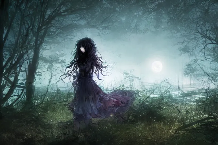 Image similar to goth woman in a moonlight view, in a forest, a river, tankoban, 4 k, tone mapping, akihiko yoshida, james jean andrei riabovitchev marc simonetti, yoshitaka amano, long hair, curly, h. hydrochaeri