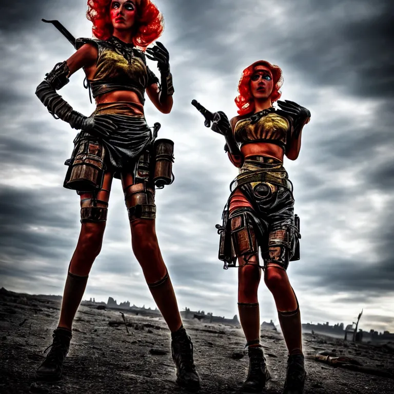 Image similar to full length photo of a very beautiful female atompunk warrior, 8 k, hdr, smooth, sharp focus, high resolution, award - winning photo