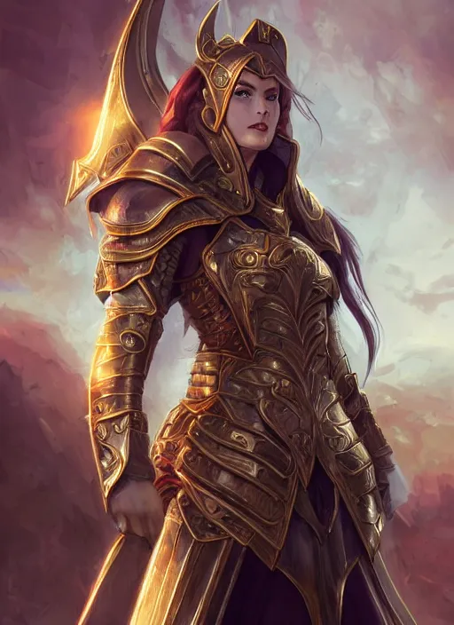 Prompt: full body portrait of beautiful paladin lady in the temple, face details, heavy brass armor, red ponytail, white skin, golden eyes, high fantasy, dnd, extremely detailed, smooth, sharp focus, digital illustration, by zeronis, rossdraws, artgerm