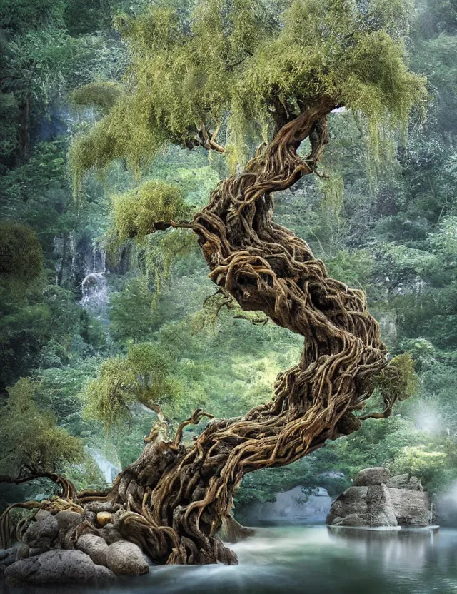 Prompt: bonsai shaped epic ancient willow tree made out of instant pot noodles glowing lights in the branches with buttressed roots rising above a cairn with waterfalls and rivulets of water running down into an underground lake at dawn by james jean by pascal blanche, at dawn, volumetric light, spirals, recursion