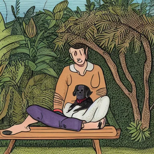 Image similar to a man and a woman sitting on a bench surrounded by plants, a dog sleeping by their feet, cartoon,