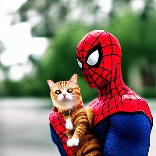 Prompt: photo Spider-Man holding a ginger cat, award winning photography, cosplay, 35mm