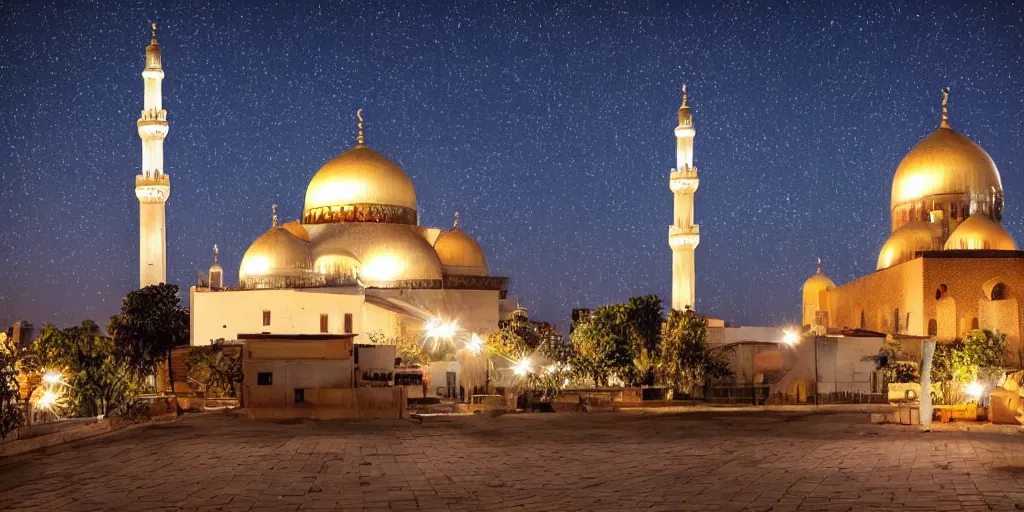 Image similar to stary night, mosque, tower, house, city