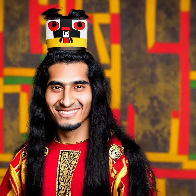 Prompt: A photo of Emperor Kuzco!!!!!!!!!!!!!!!! in his 19s, peruvian looking, with his long black hair, beardless, smiling with confidence, and wearing!!! his emperor clothes. Portrait by Terry Richardson. Golden hour. 8K. UHD. Bokeh.