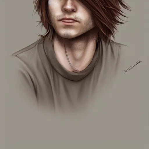 Image similar to a young man with long hair wearing a brown shirt, a character portrait by lydia field emmet, trending on cg society, photorealism, wiccan, handsome, ilya kuvshinov