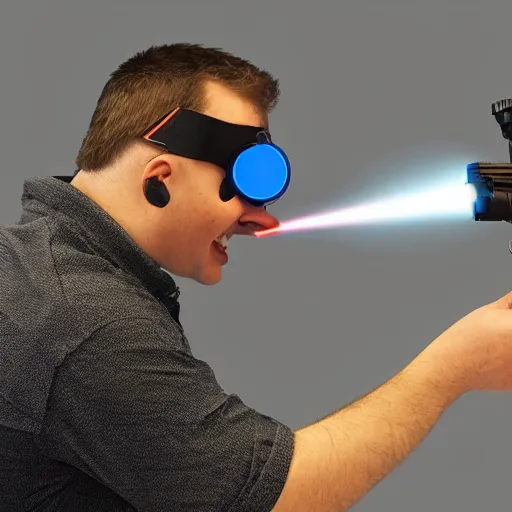 Image similar to a scientist standing in a dark room wearing goggles looks ecstatic while testing out the new laser gun prototype by firing it