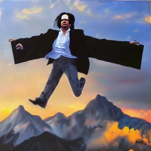 Prompt: a hyper realistic painting of nick cave floating in the sky above mountains