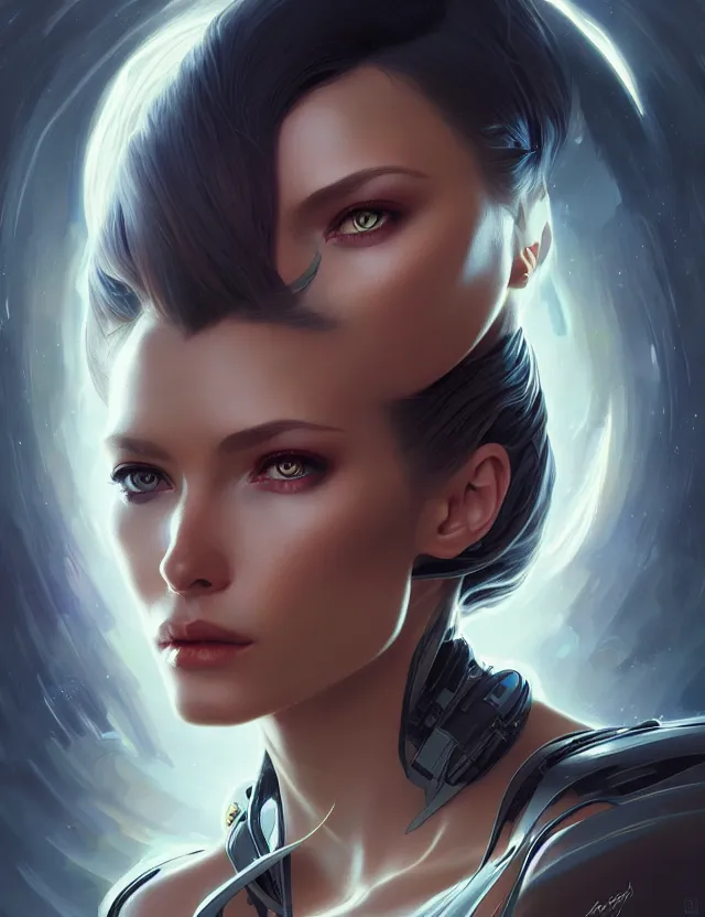 Image similar to futuristic woman portrait, sci-fi, amber eyes, face, long hair, fantasy, intricate, elegant, highly detailed, digital painting, artstation, concept art, smooth, sharp focus, illustration, art by artgerm and greg rutkowski and alphonse mucha