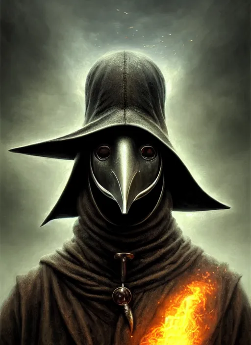 Image similar to closeup portrait shot of a plague doctor in a scenic dystopian environment, intricate, elegant, highly detailed, centered, digital painting, artstation, concept art, smooth, sharp focus, illustration, artgerm, tomasz alen kopera, peter mohrbacher, donato giancola, joseph christian leyendecker, wlop, boris vallejo